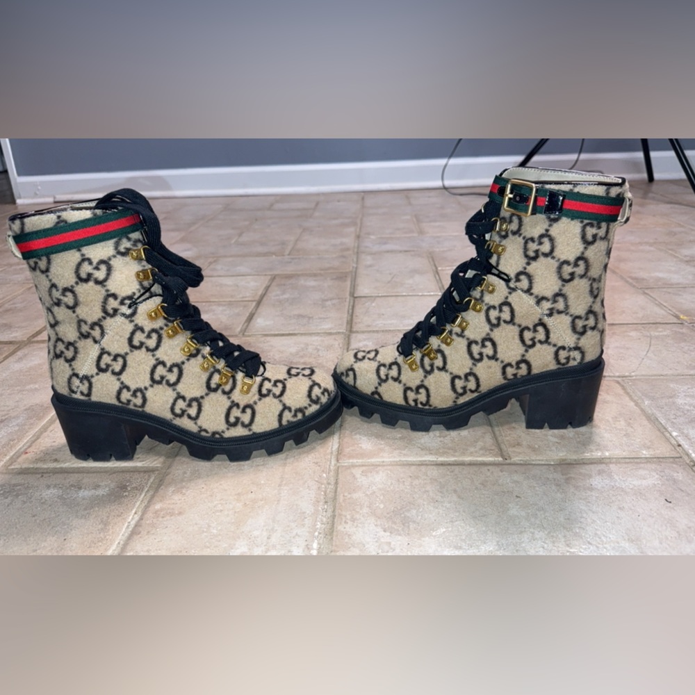 Gucci Beige and Black Monogram Hiking Boots